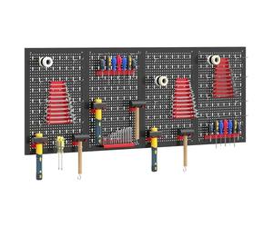 HOMCOM 38 Pcs Wall-Mounted Pegboard with Hooks and Storage Shelves, 4 Panels Set Garage DIY Storage Unit Black and Red