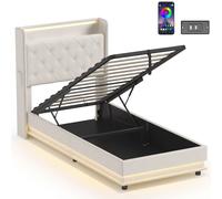 HOMCOM 3ft Single Bed Frame with Headboard, Platform Bed Frame with Hydraulic Storage, LED Lights and Charging Station, White