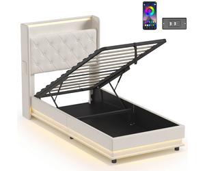 HOMCOM 3ft Single Bed Frame with Headboard, Platform Bed Frame with Hydraulic Storage, LED Lights and Charging Station, White