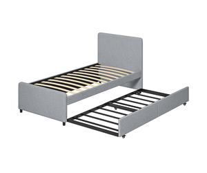 HOMCOM 3ft Single Bed Frame with Trundle, Upholstered Pull Out Trundle Bed with Headboard and Footboard, Light Grey