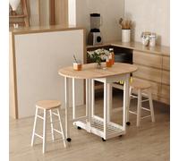 Homcom 3Pc Wooden Kitchen Cart Mobile Rolling Trolley Folding Stools Wheels In White White