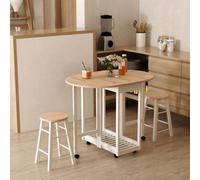 Homcom 3Pc Wooden Kitchen Cart Trollet Table Folding Stools Space-Saving