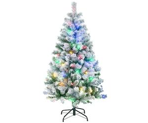 HOMCOM 4.5ft Pre Lit Snow Flocked Artificial Christmas Tree Holiday Décor with 150 Warm White or Colourful LED Lights and 311 Tips, Steel Base