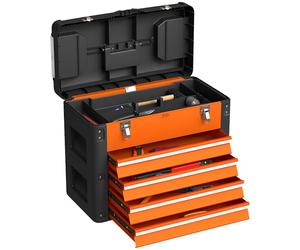 HOMCOM 4 Drawers Large Tool Box, Powder Coated Steel Toolbox with Top Tray, Mini Parts Boxes, Ball Bearing Runners, Handle, Heavy Duty Tool Chest for Workshop, Garage, 497mm x 253mm x 407mm, Orange