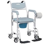 HOMCOM 4 in 1 Shower Chair with Wheels, Bedside Commode Wheelchair, Grey HOMCOM Grey