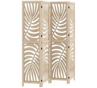 HOMCOM 4 Panel Room Divider, Detachable Portable Folding Privacy Screens, Freestanding Partition Wall Dividers with Palm Leaf Design for Home Office, Bedroom, Natural Wood Finish