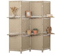 HOMCOM 4-Panel Room Divider with Storage Shelves Wave Fibre 180 cm, Natural