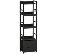 HOMCOM 4-Tier Bookshelf, Narrow Bookcase with Drawer, 8 Hooks, Metal Frame, Black