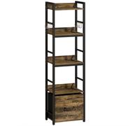HOMCOM 4-Tier Bookshelf, Narrow Bookcase with Drawer, 8 Hooks, Metal Frame, Rustic Brown