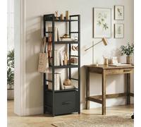 HOMCOM 4-Tier Bookshelf, Shelving Unit with Drawer, 8 Hooks, Black, Black