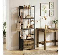 HOMCOM 4-Tier Bookshelf, Shelving Unit with Drawer, 8 Hooks - Rustic Brown