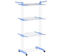 HOMCOM 4-Tier Clothes Airer, Foldable Clothes Horse with Wings and Wheels, Steel Garment Laundry Rack for Indoor and Outdoor Use, Blue