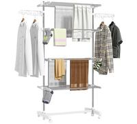 HOMCOM 4-Tier Clothes Airer Foldable with Wheels 142 x 55 x 172cm White | Stainless Steel Clothes Drying Rack, Wings, Indoor and Outdoor, Easy Assembly