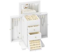 HOMCOM 4-Tier Jewellery Box for Women, Large Jewellery Organiser with Mirror and 2 Drawers for Rings Earrings Necklaces Bracelets, White