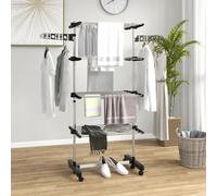 HOMCOM 4-Tier Clothes Airer, Stainless Steel Foldable Clothes Drying Rack with Wheels and Wings, Indoor and Outdoor, Easy Assembly, 142 x 55 x 172cm, Black