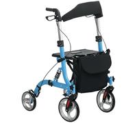 HOMCOM 4 Wheel Rollator with Seat & Back, Lightweight Folding Mobility Walker w/ Large Wheels, Carry Bag, Adjustable Height, Dual Brakes, Blue