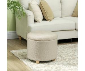 Homcom 45Cm Round Ottoman With Storage, Lid, Cashmere Footstool, Cream White