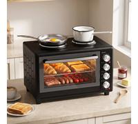 HOMCOM 46L Mini Oven Dual Hot Plates, Electric Countertop Cooker, Black | Convection, 90-230°C Adjustable Temperature, 60 Minute Timer, Portable Oven with Wire Rack & Baking Tray, 1500W