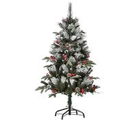 HOMCOM 4FT Artificial Snow Dipped Christmas Tree Xmas Pencil Tree Holiday Home Party Decoration with Foldable Feet Red Berries White Pinecones, Green