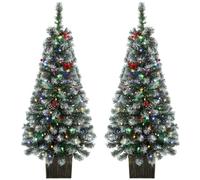 HOMCOM 4ft Pre-Lit Slim Artificial Christmas Tree Set of 2, 100 LED Lights | Snowy Pine Pencil Xmas Tree with Dual Colours, 140 Frosted Branch Tips, Plastic Pots, Remote, Holiday Home Decorations, Green