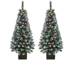 HOMCOM 4ft Pre-Lit Slim Artificial Christmas Tree Set of 2, 100 LED Lights | Snowy Pine Pencil Xmas Tree with Dual Colours, 140 Frosted Branch Tips, Plastic Pots, Remote, Holiday Home Decorations, Green