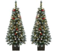 HOMCOM 4ft Pre-Lit Slim Artificial Christmas Tree Set of 2, with 100 Dual-Colour LED Lights, 140 Frosted Branch Tips