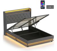 HOMCOM 4ft6 Double Bed Frame with Headboard, Platform Bed Frame with Hydraulic Storage, LED Lights and Charging Station, Grey