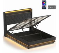 HOMCOM 4ft6 Double Bed Frame with Headboard, Platform Bed Frame with Hydraulic Storage, LED Lights and Charging Station, Black