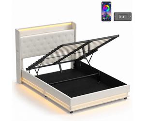 HOMCOM 4ft6 Double Bed Frame with Headboard, Platform Bed Frame with Hydraulic Storage, LED Lights and Charging Station, Cream