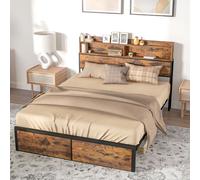 HOMCOM Industrial King Bed Frame, 5.2FT Steel Bed Base w/ Storage Headboard, Footboard, Under Bed Storage, 158 x 222cm, Rustic Brown