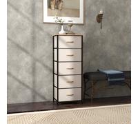 HOMCOM 5 Drawer Fabric Chest of Drawers w/ Wooden Top for Hallway Cream, Cream
