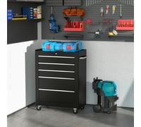 Homcom 5-Drawer Lockable Steel Tool Storage Cabinet Wheels Handle 2 Keys Black