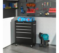 Homcom 5-Drawer Lockable Steel Tool Storage Cabinet Wheels Handle 2 Keys In Black Black