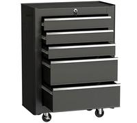 Homcom 5-Drawer Lockable Steel Tool Storage Cabinet Wheels Handle 2 Keys In Black Black