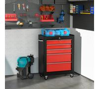 Homcom 5-drawer Lockable Steel Tool Storage Cabinet Wheels Handle 2 Keys Red, Red