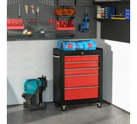 Homcom 5-drawer Lockable Steel Tool Storage Cabinet Wheels Handle 2 Keys Red, Red