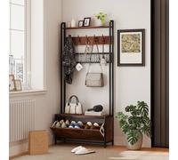HOMCOM Coat Rack with Shoe Storage Bench and Grid Panel, Hall Tree, 5-In-1 Industrial Coat Rack Stand with Shoe Cabinet and 10 Hooks for Hallway, Entryway, Living Room, Rustic Brown