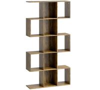 HOMCOM 5-Tier Bookshelf, S Shaped Geometric Bookcase with 15 Compartments, Rustic Brown
