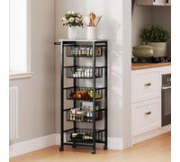 HOMCOM 5-Tier Kitchen Trolley on Wheels with Marble-Effect Top Light Grey | Vegetable Storage Rack, Lockable Wheels, Pull-Out Mesh Baskets, Mobile Organizer, for Kitchen Pantry Office