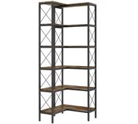 HOMCOM 5-Tier L-Shaped Bookshelf, Freestanding Corner Bookcase with Metal Frame, Rustic Brown