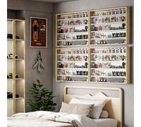 HOMCOM 5-tier Wall Display Shelf Unit Cabinet With 4 Adjustable Shelves Glass Doors 60X80cm - Natural, Yellow