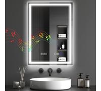HOMCOM 500 x 700 mm Bluetooth LED Bathroom Mirror, Illuminated Backlit Vanity Mirror with 3 Colours Dimmable, Clock, Anti-Fog, Memory Function, Touch Sensor, IP44