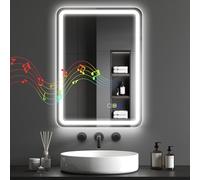 HOMCOM 500 x 700 mm Bluetooth Bathroom Mirror with LED Lights, Illuminated Backlit Wall Mounted Vanity Mirror with 3 Colours Dimmable, Anti-Fog, Memory & Touch Switch, IP44