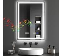 HOMCOM 500 x 700 mm Bluetooth LED Bathroom Mirror, Illuminated Backlit Vanity Mirror with 3 Colours Dimmable, Clock, Anti-Fog, Memory Function, Touch Sensor, IP44