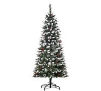 HOMCOM 5FT Artificial Christmas Tree Xmas Pencil Tree with Red Berries and Pinecones Holiday Home Indoor Decoration with Foldable Feet, Green