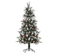 HOMCOM 5FT Artificial Snow Dipped Christmas Tree Xmas Pencil Tree Green | Holiday Home Party Decoration, Foldable Feet, Red Berries, White Pinecones