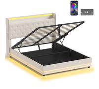 HOMCOM Lift up Storage Bed Frame with RGB LED Lights, 150 x 200cm, White in Cream | Size: King HOMCOM Cream King