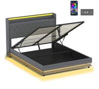 HOMCOM 5ft King Bed Frame with Headboard, Platform Bed Frame with Hydraulic Storage, LED Lights and Charging Station, Grey