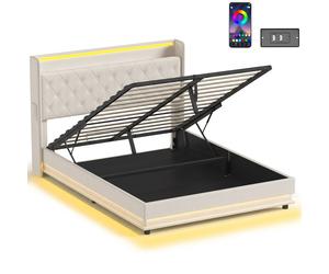 HOMCOM 5ft King Bed Frame with Headboard, Platform Bed Frame with Hydraulic Storage, LED Lights and Charging Station, White