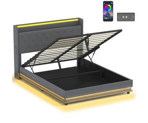 HOMCOM 5ft King Bed Frame with Headboard, Platform Bed Frame with Hydraulic Storage, LED Lights and Charging Station, Grey